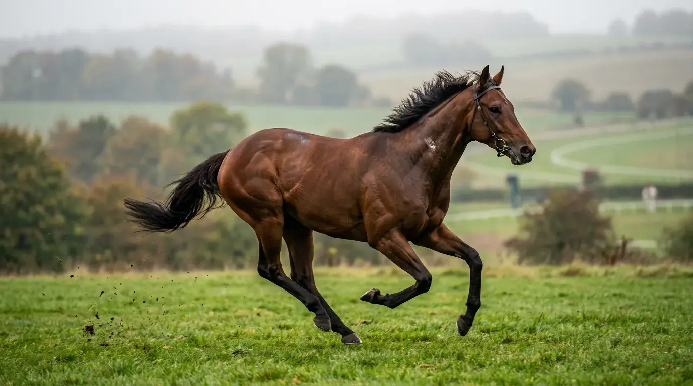 Mature thoroughbred racehorse in peak condition galloping on turf track