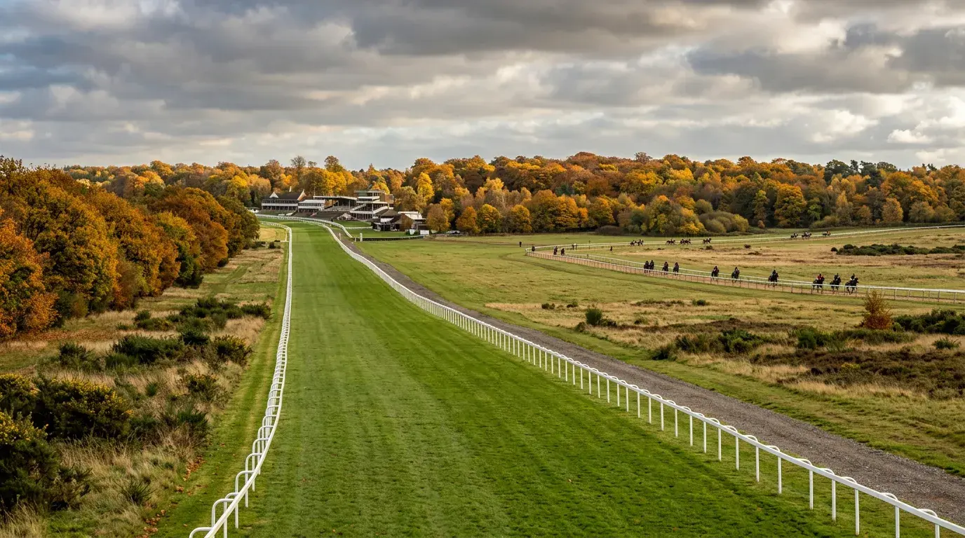 Newmarket racecourse during October with autumn colours