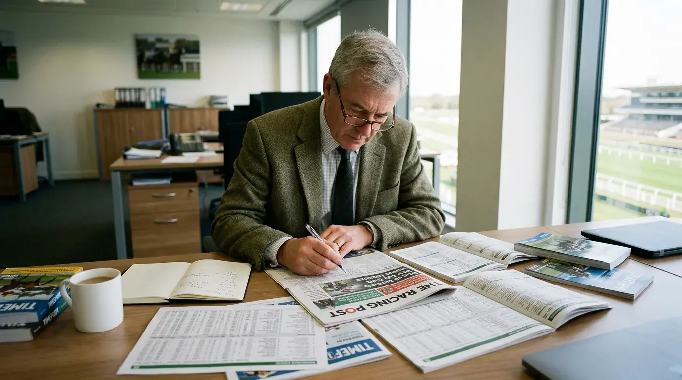 Racecourse analyst reviewing betting statistics and form data