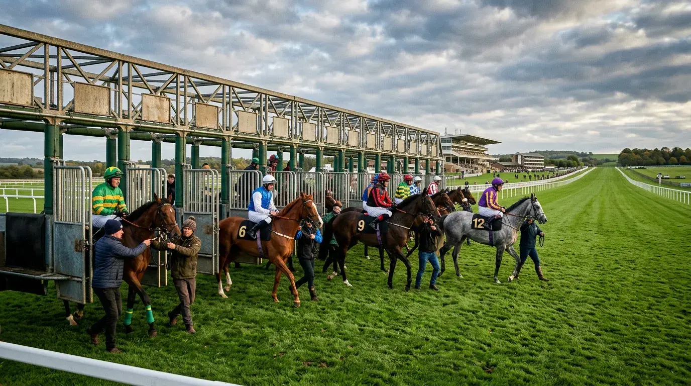 Horses loading into starting stalls at Newmarket Rowley Mile before a flat race