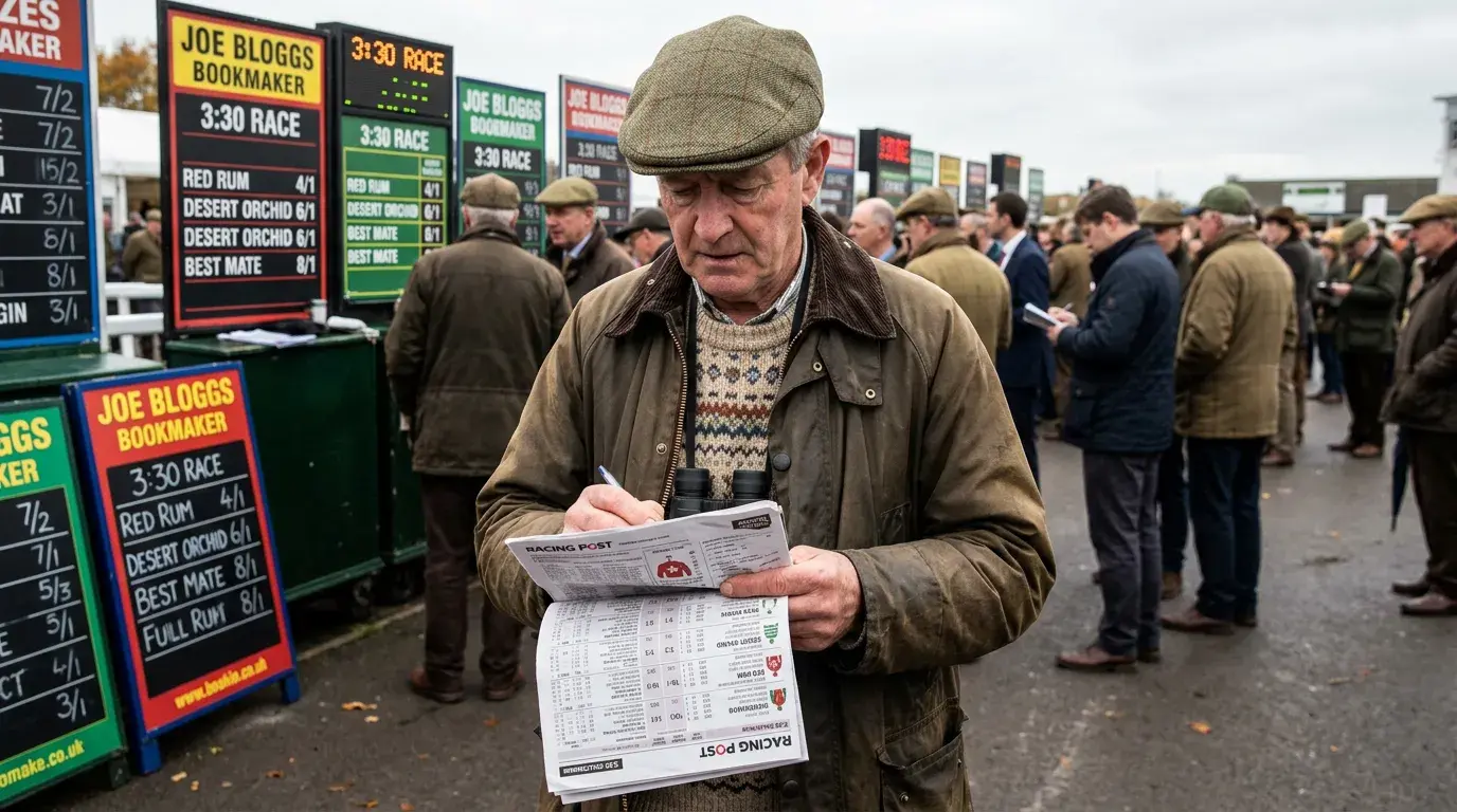 Punter reviewing form guide and race cards for Cesarewitch handicap