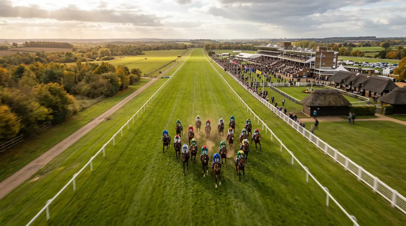 Newmarket Rowley Mile racecourse panoramic view during autumn flat racing