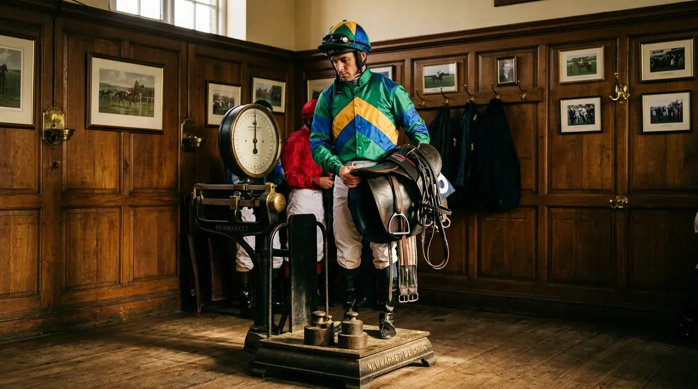 Jockey weighing in at the scales before a Cesarewitch race with saddle and equipment