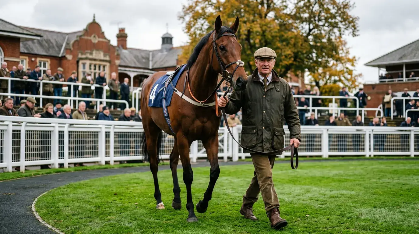 Irish trainer leading a thoroughbred horse at Newmarket racecourse before the Cesarewitch
